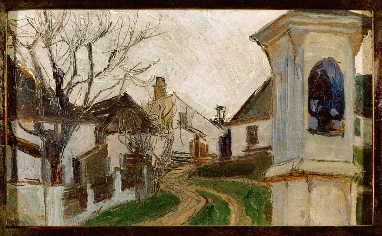 Kahle Baeume, Haeuser und Bildstock - Árboles sin hojas, casas y una ermita (óleo y lápiz sobre cartón) de Egon Schiele