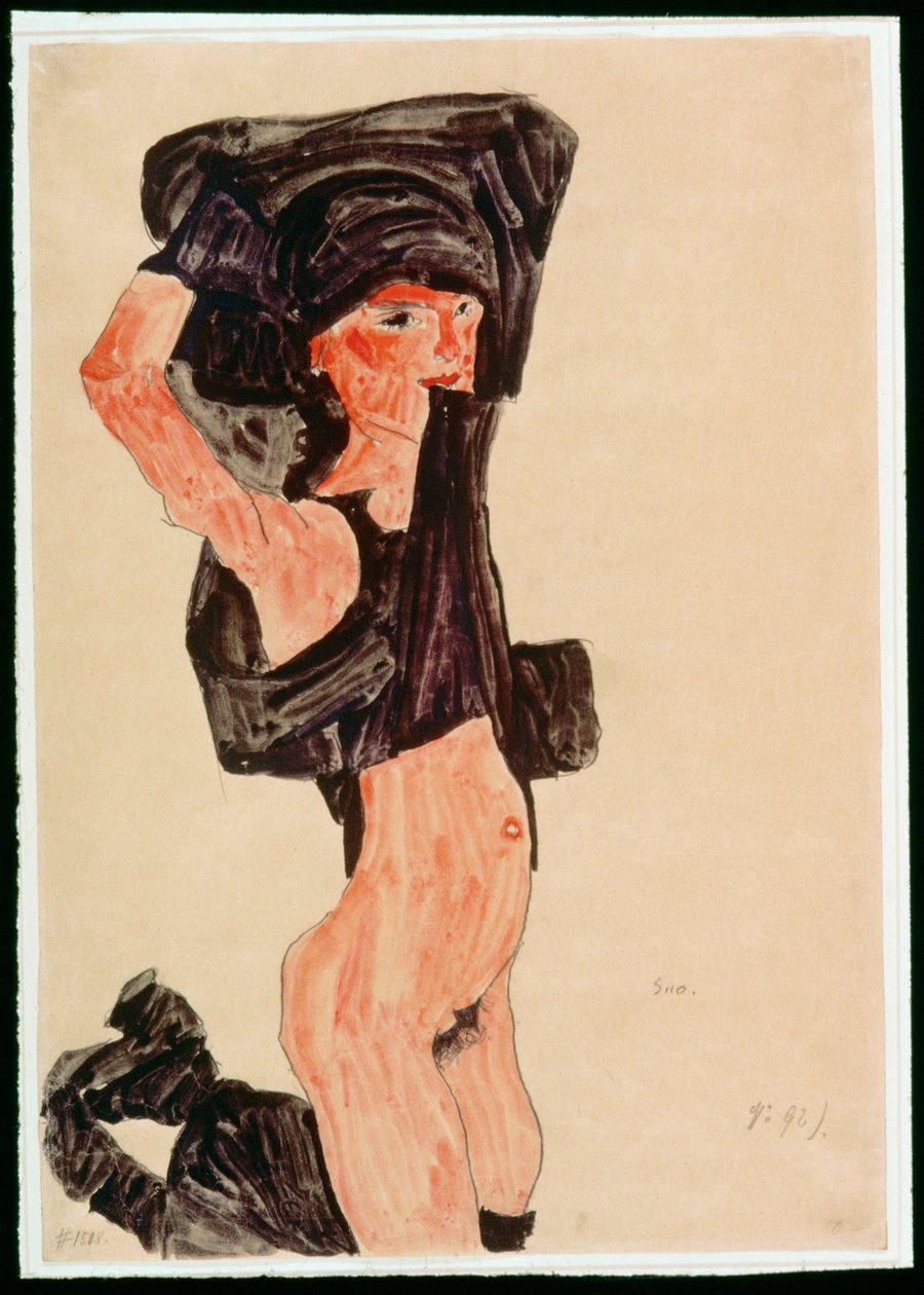 Chica arrodillada, desvistiéndose (gouache, acuarela y lápiz) de Egon Schiele