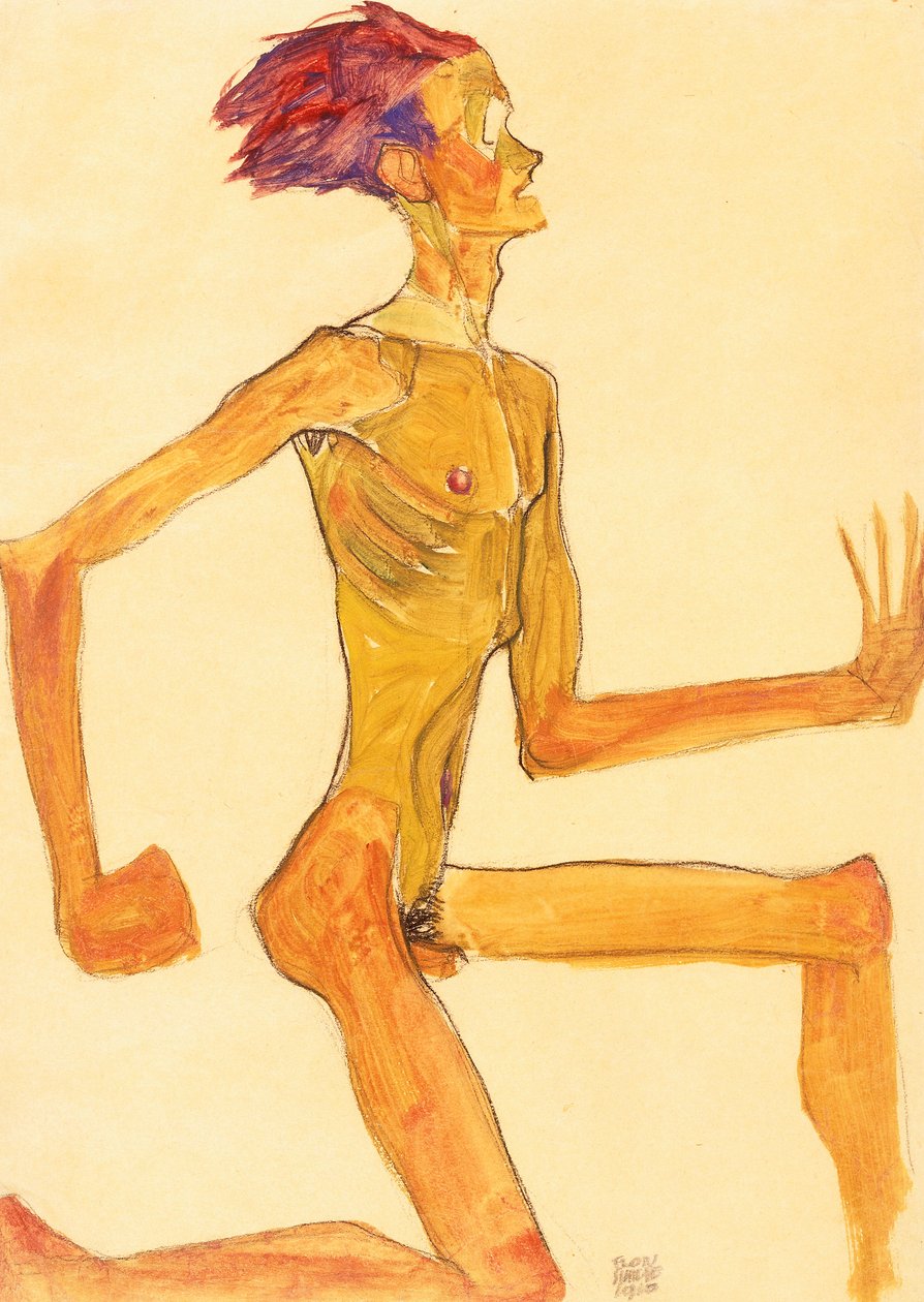 Hombre desnudo arrodillado, de perfil a la derecha de Egon Schiele