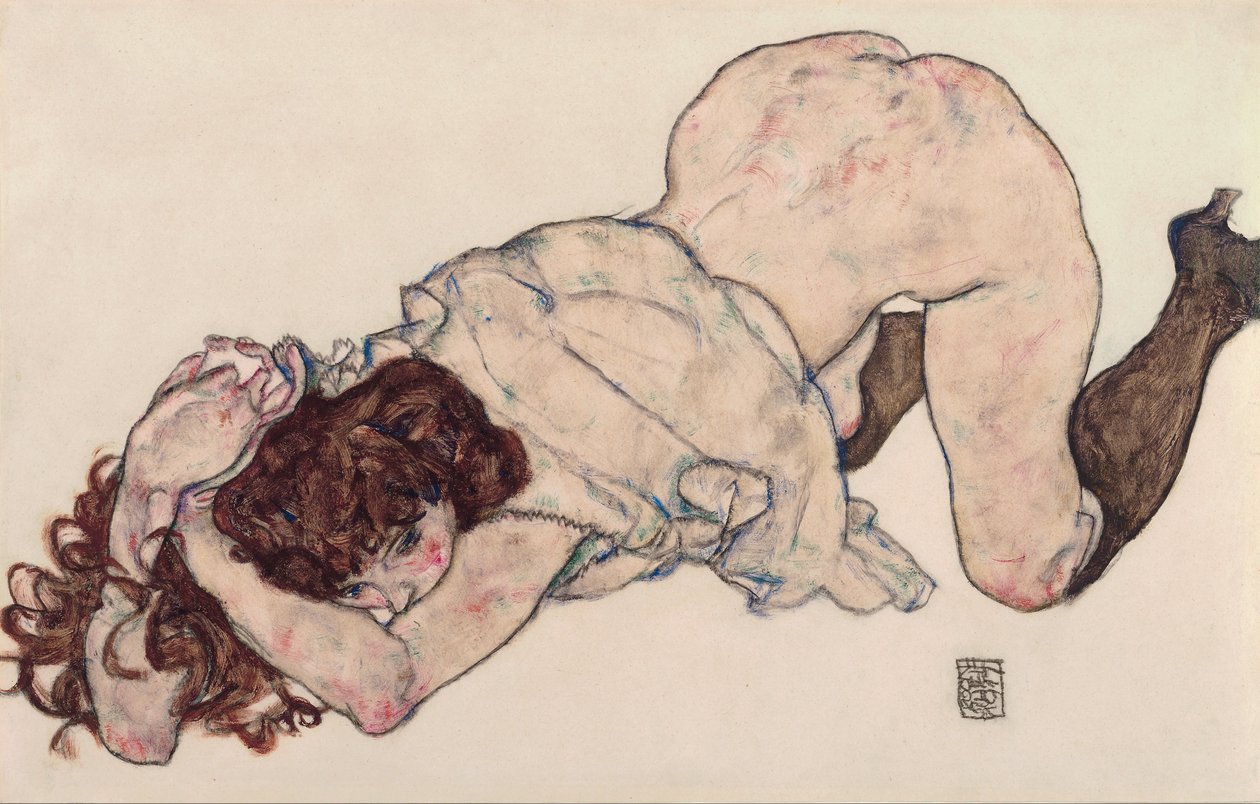 Niña arrodillada, apoyada en ambos codos de Egon Schiele