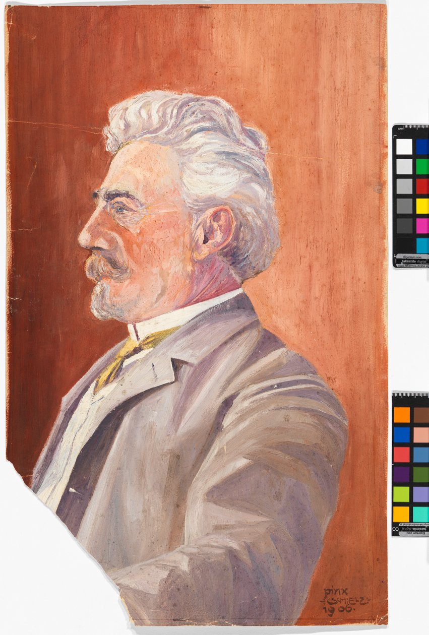 Perfil de Leopold Czihaczek sobre fondo rojo de Egon Schiele