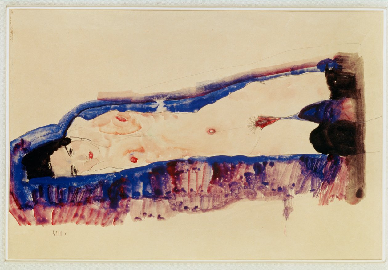 Desnudo recostado con medias negras ... (acuarela y lápiz) de Egon Schiele