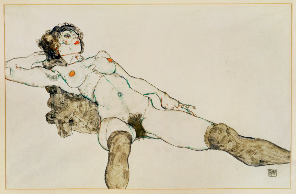Desnudo femenino recostado con las piernas abiertas ... (gouache y lápiz) de Egon Schiele