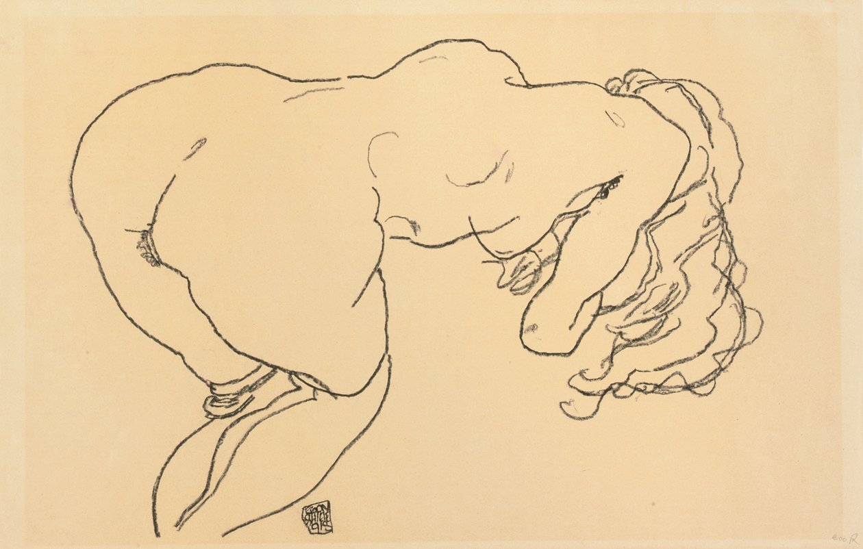 Desnudo de cabello largo, inclinado hacia adelante, vista trasera, 1918 de Egon Schiele