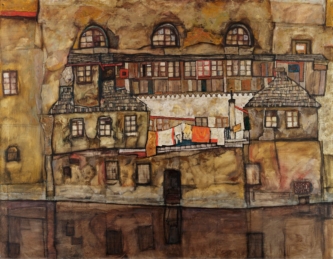 Muro de casas en el río - Pintura de Egon Schiele (1890-1918), óleo sobre lienzo de Egon Schiele