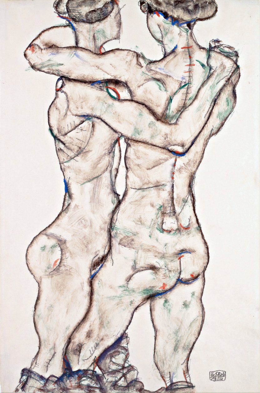 Chicas desnudas abrazándose - Schiele, Egon (1890-1918) - 1914 - Gouache, Tiza negra sobre papel - 48x31,2 - Museo Leopold, Viena de Egon Schiele