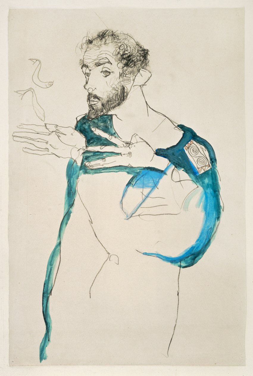 El pintor Gustav Klimt con su bata azul de pintor (gouache y lápiz) de Egon Schiele