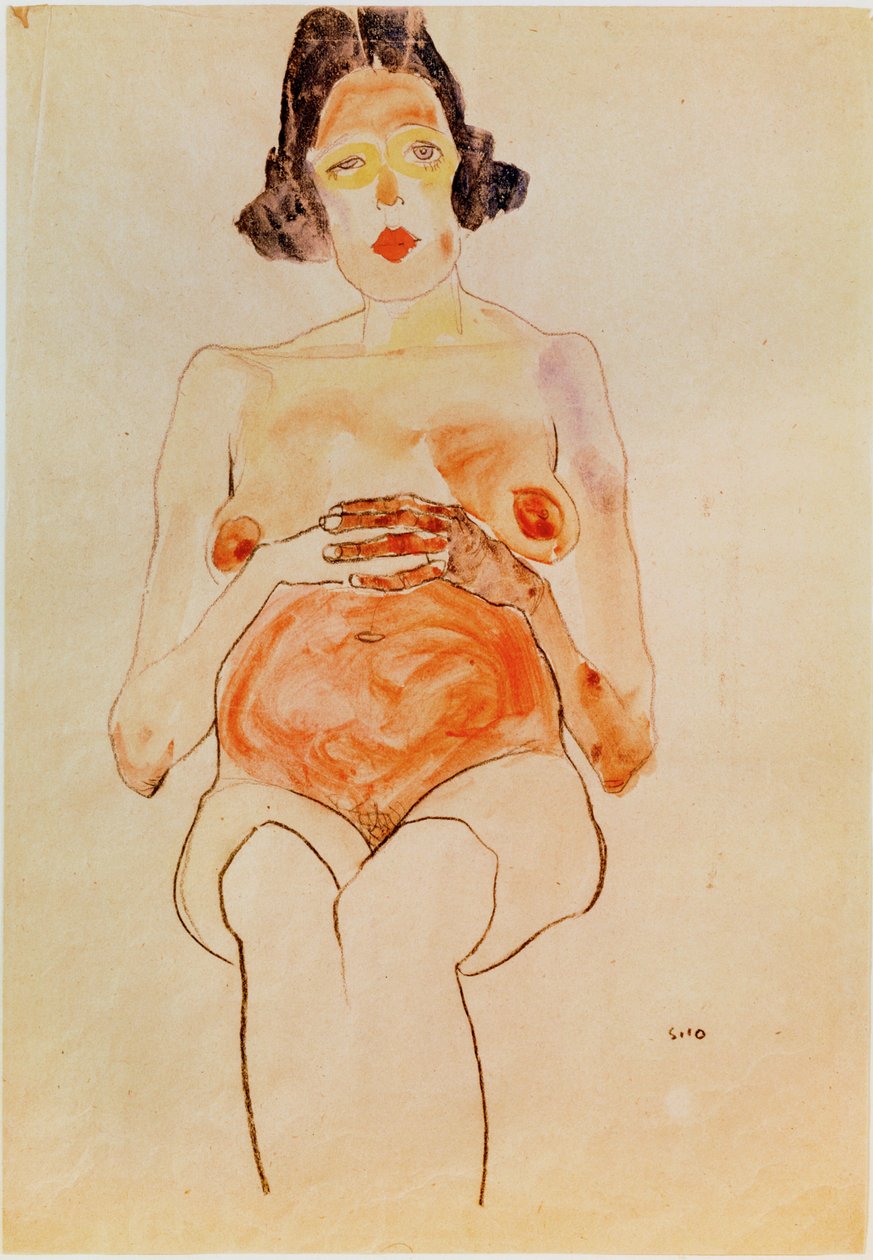 Roter Akt, schwanger [Desnudo rojo, embarazada] (acuarela y carboncillo) de Egon Schiele