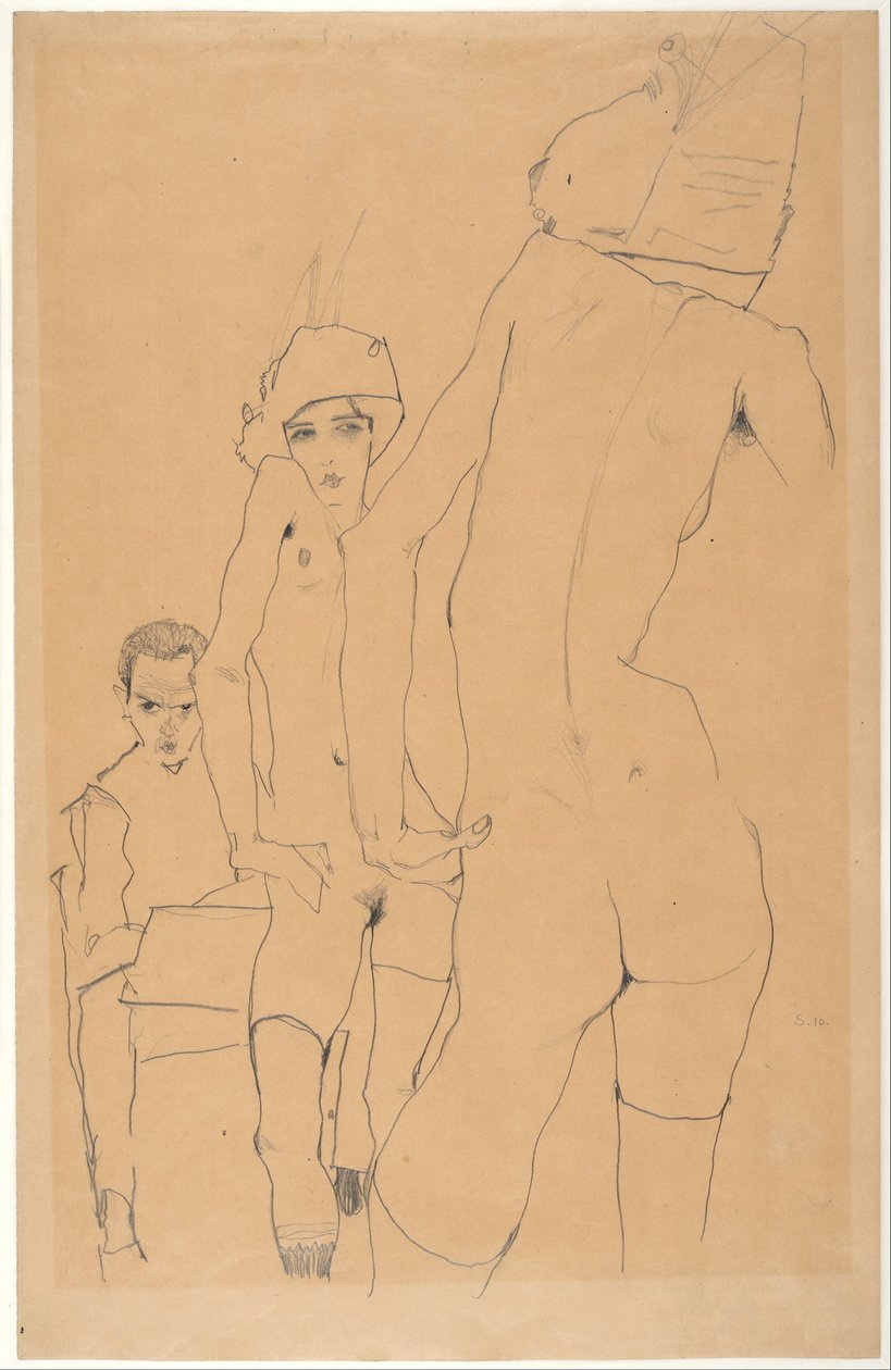 Schiele con modelo desnuda frente al espejo, 1910 de Egon Schiele