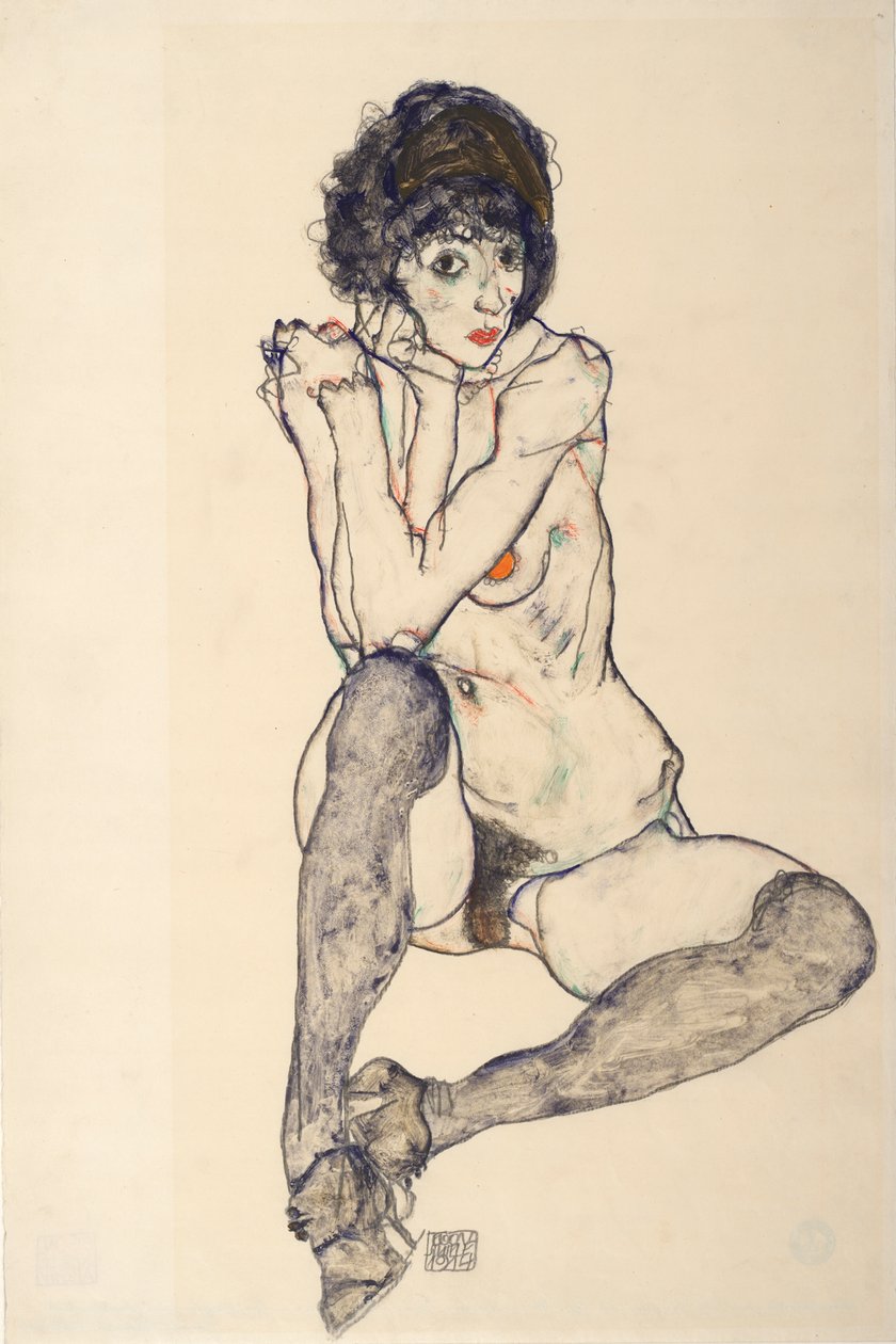 Desnudo femenino sentado, codos descansando sobre la rodilla derecha, 1914 de Egon Schiele