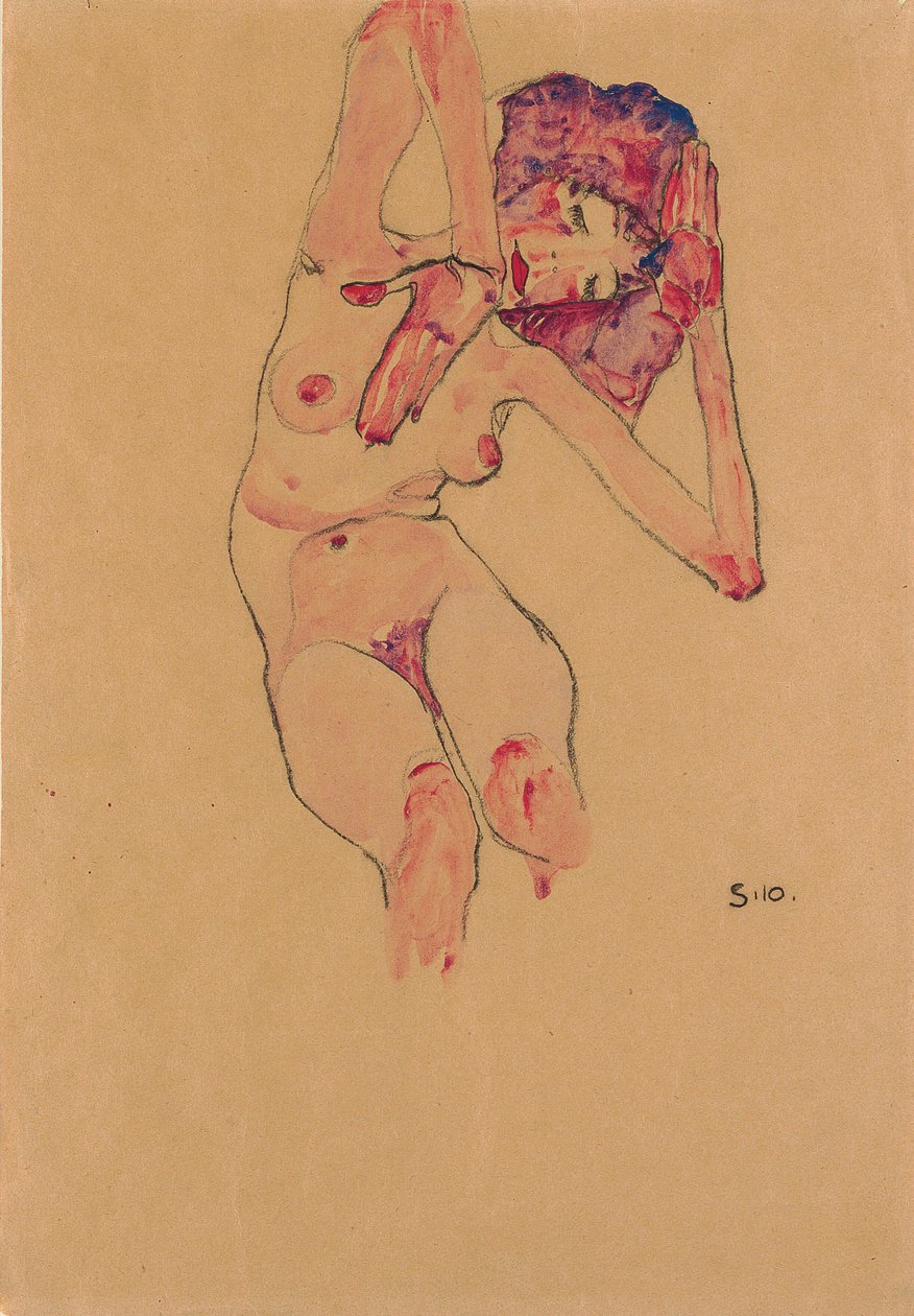 Desnudo femenino sentado con cabeza inclinada y brazos levantados de Egon Schiele