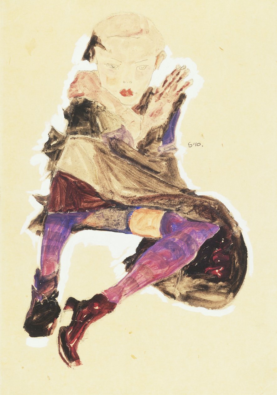 Chica sentada con medias a rayas de Egon Schiele