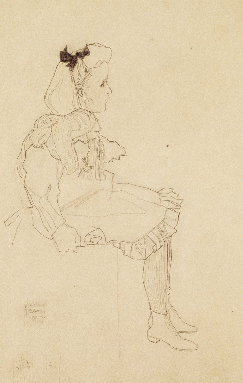 Niña sentada con un lazo en el cabello de Egon Schiele