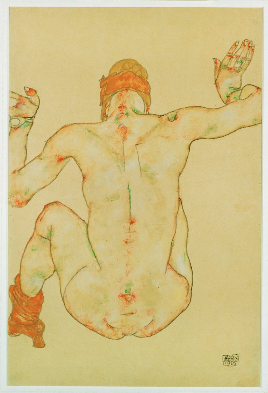 Desnudo femenino sentado, vista de espaldas (gouache, acuarela y lápiz) de Egon Schiele