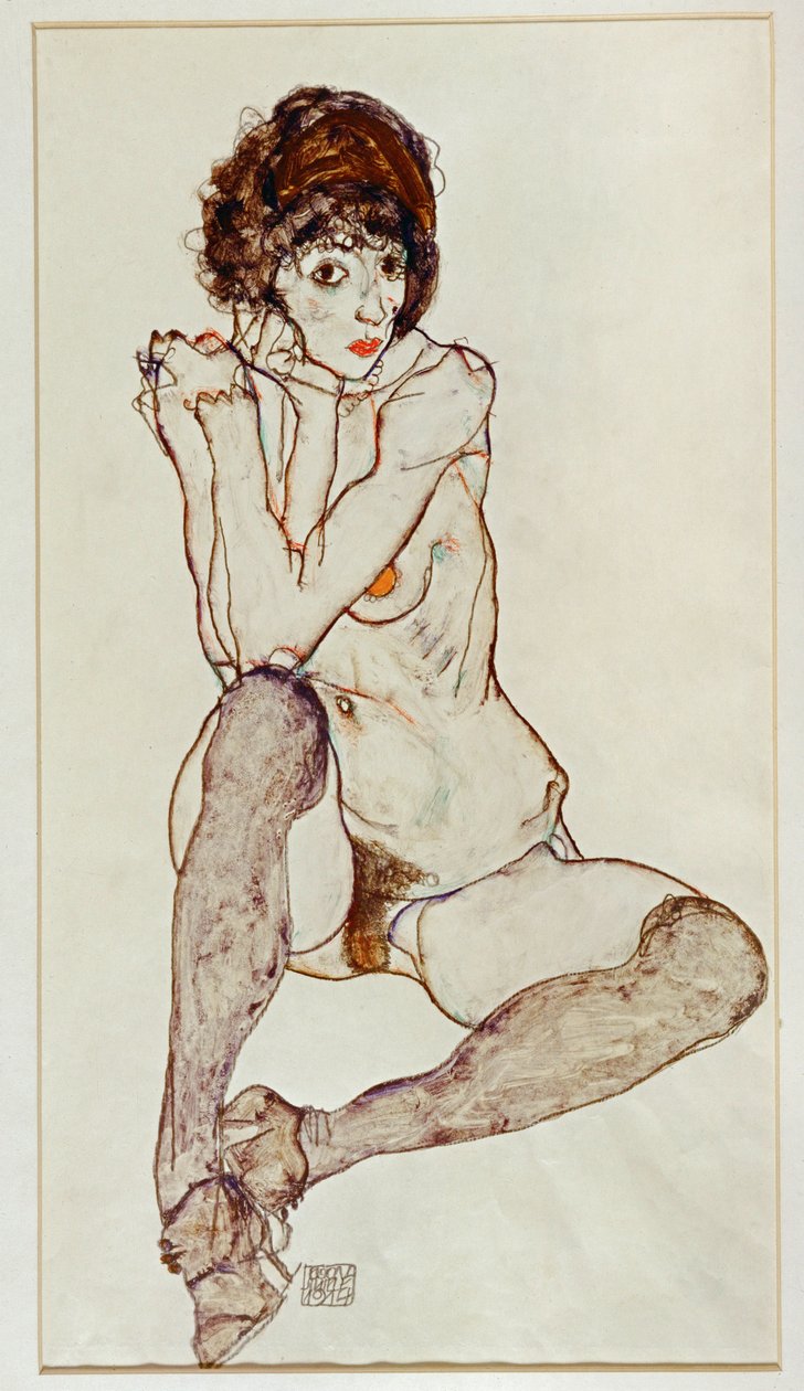 Mujer desnuda sentada, con los codos apoyados en la rodilla derecha de Egon Schiele