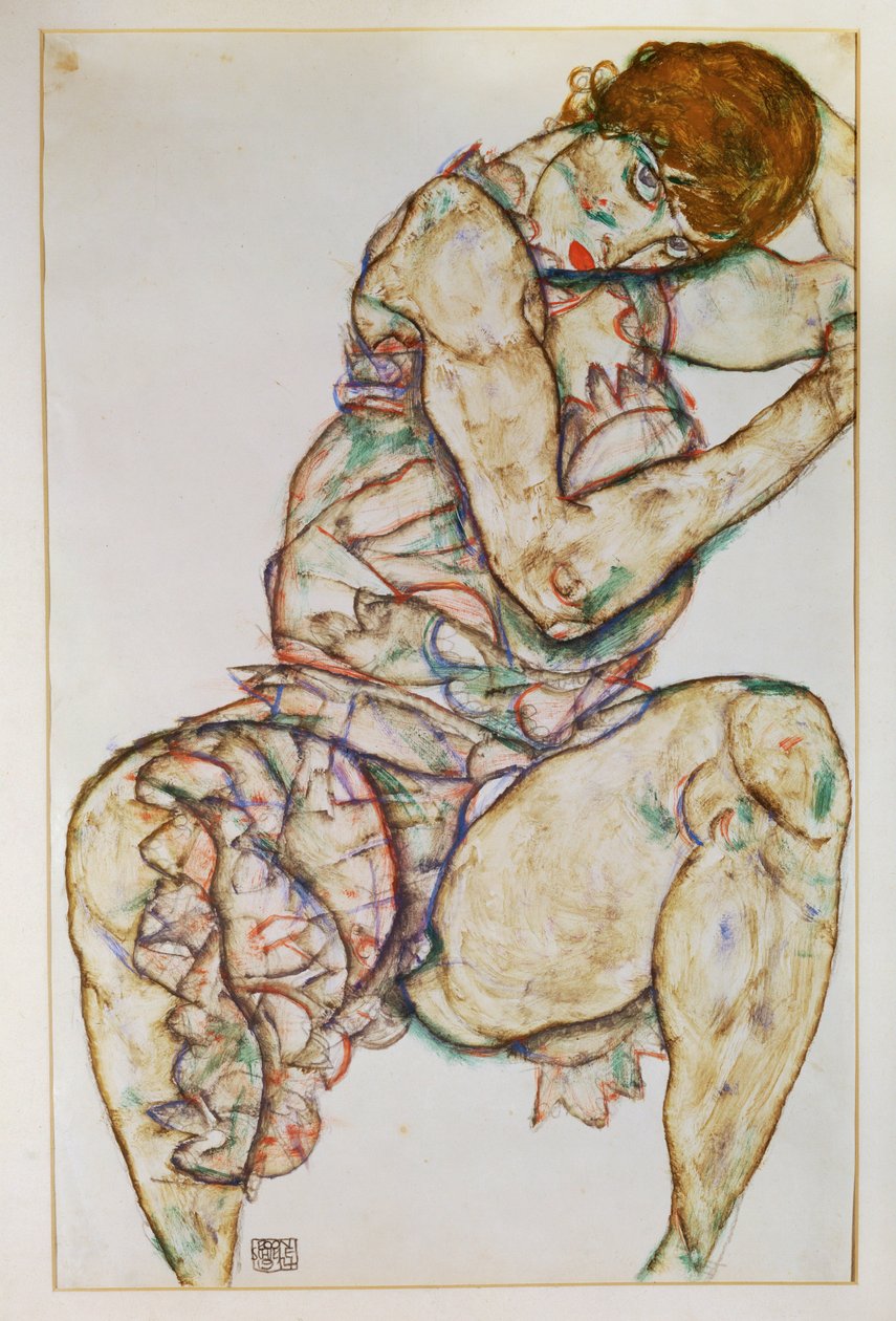 Mujer sentada con la mano izquierda en el pelo (gouache y lápiz) de Egon Schiele