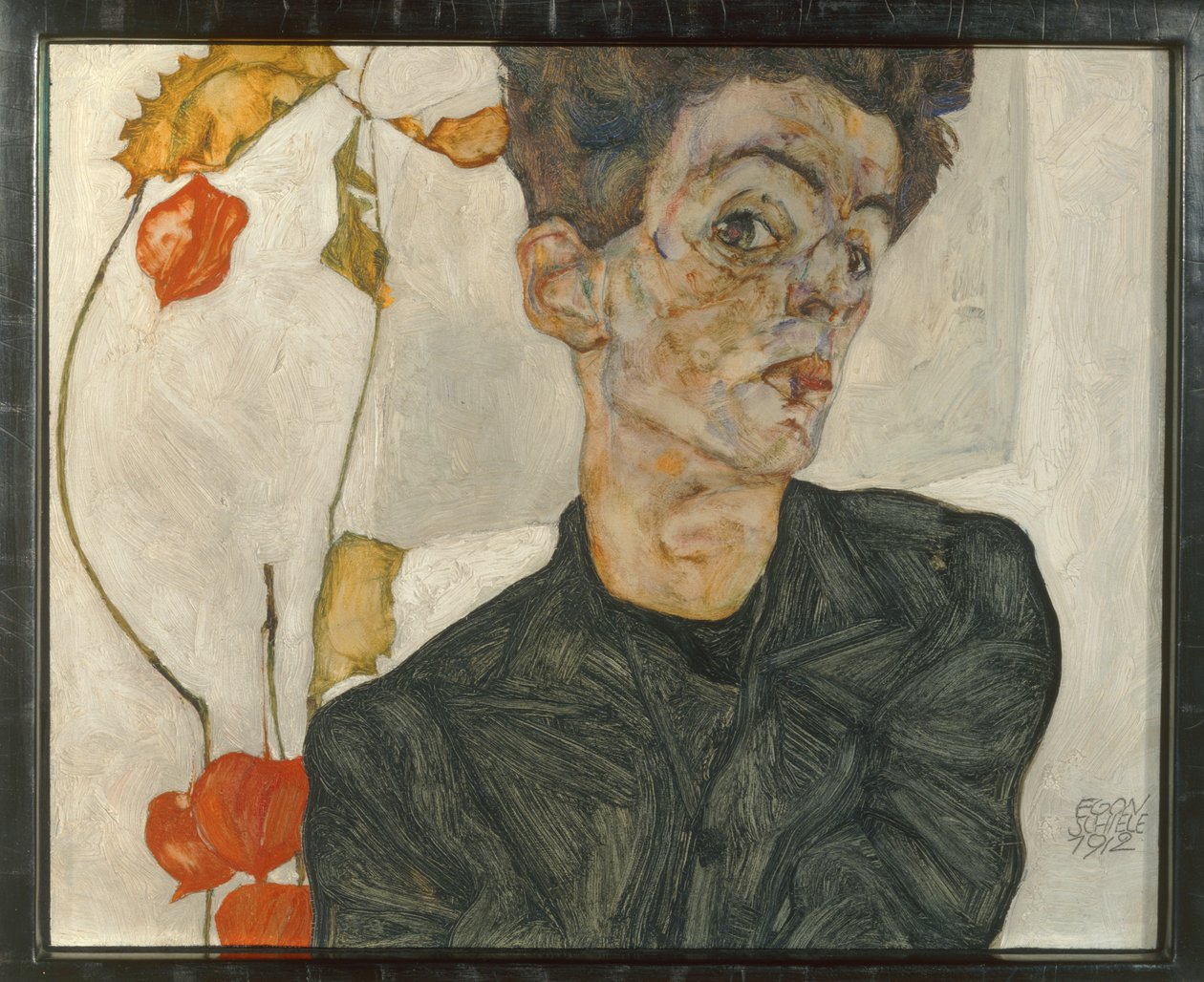 Autorretrato con frutos de farol ... (óleo y acuarela sobre lienzo) de Egon Schiele