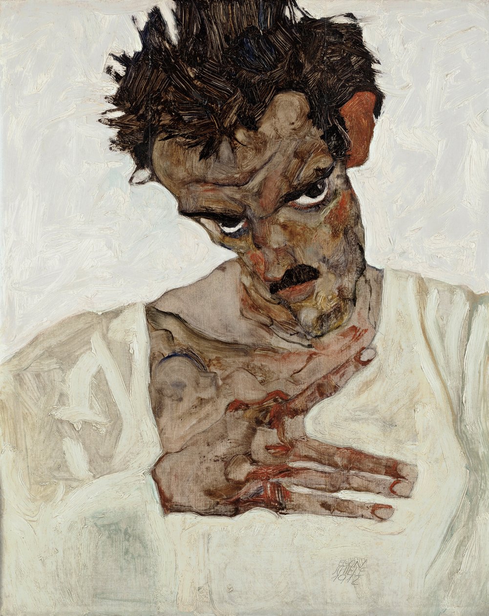 Autorretrato con la cabeza gacha de Egon Schiele