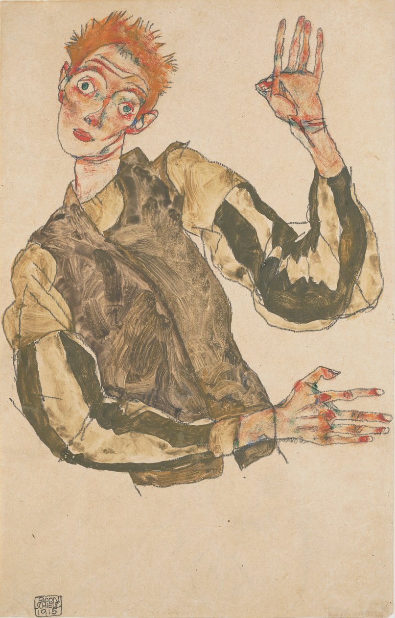 Autorretrato con protectores de mangas a rayas de Egon Schiele