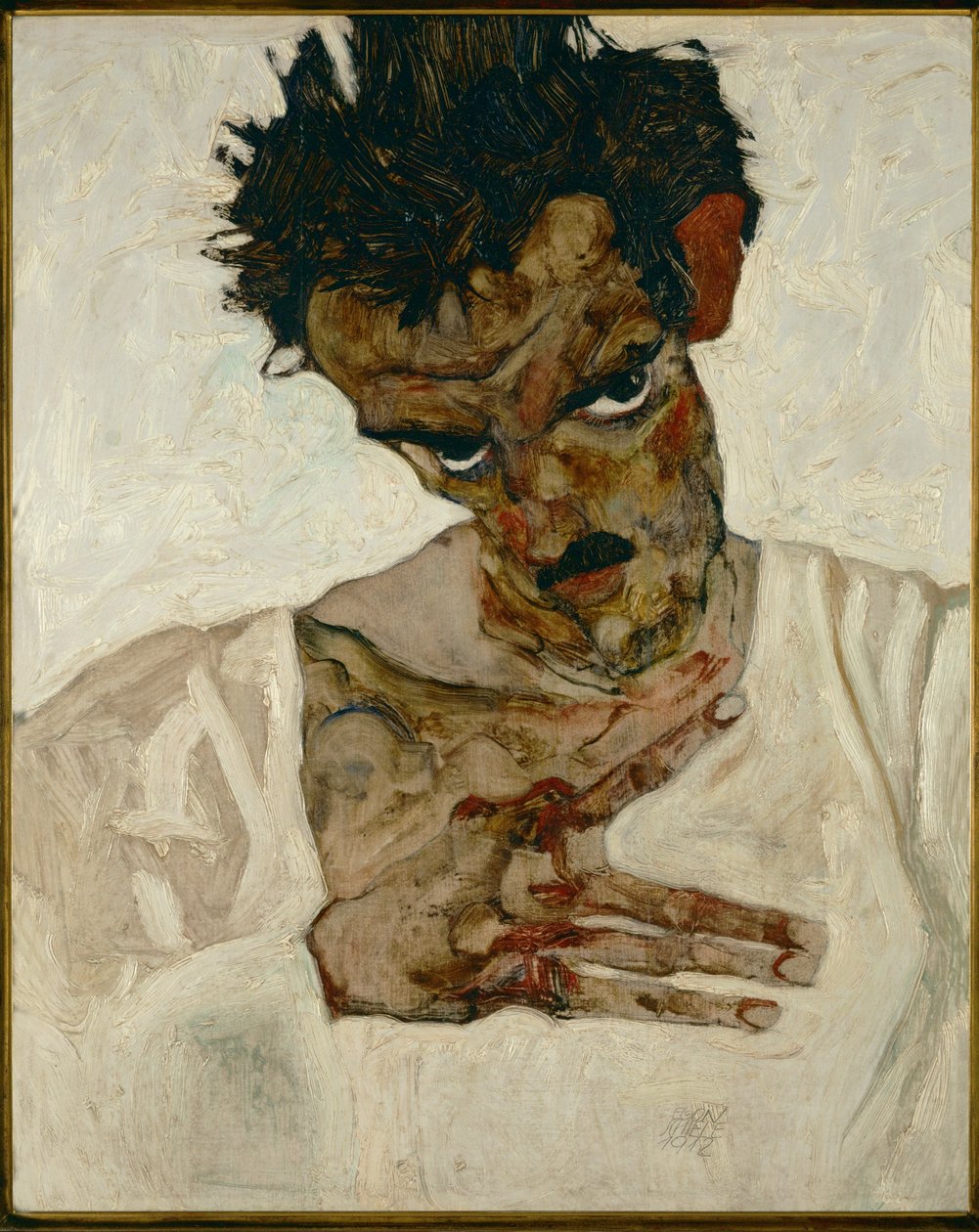 Autorretrato con la cabeza inclinada- Egon Schiele, autorretrato con la cabeza inclinada (óleo sobre madera) de Egon Schiele