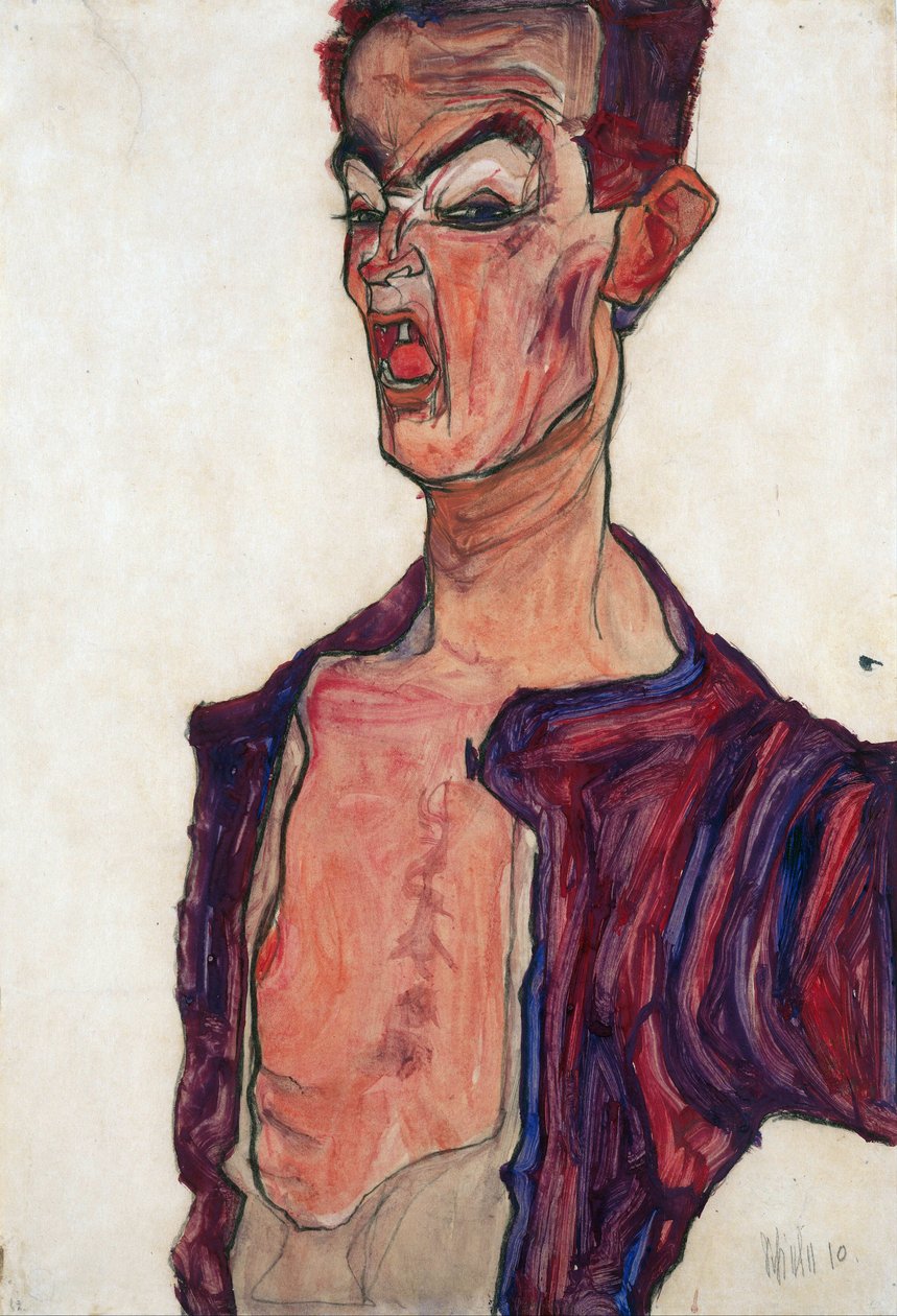 Autorretrato, muecas - Schiele, Egon (1890-1918) - 1910 - Gouache sobre papel - 45,3x30,7 - Museo Leopold, Viena de Egon Schiele