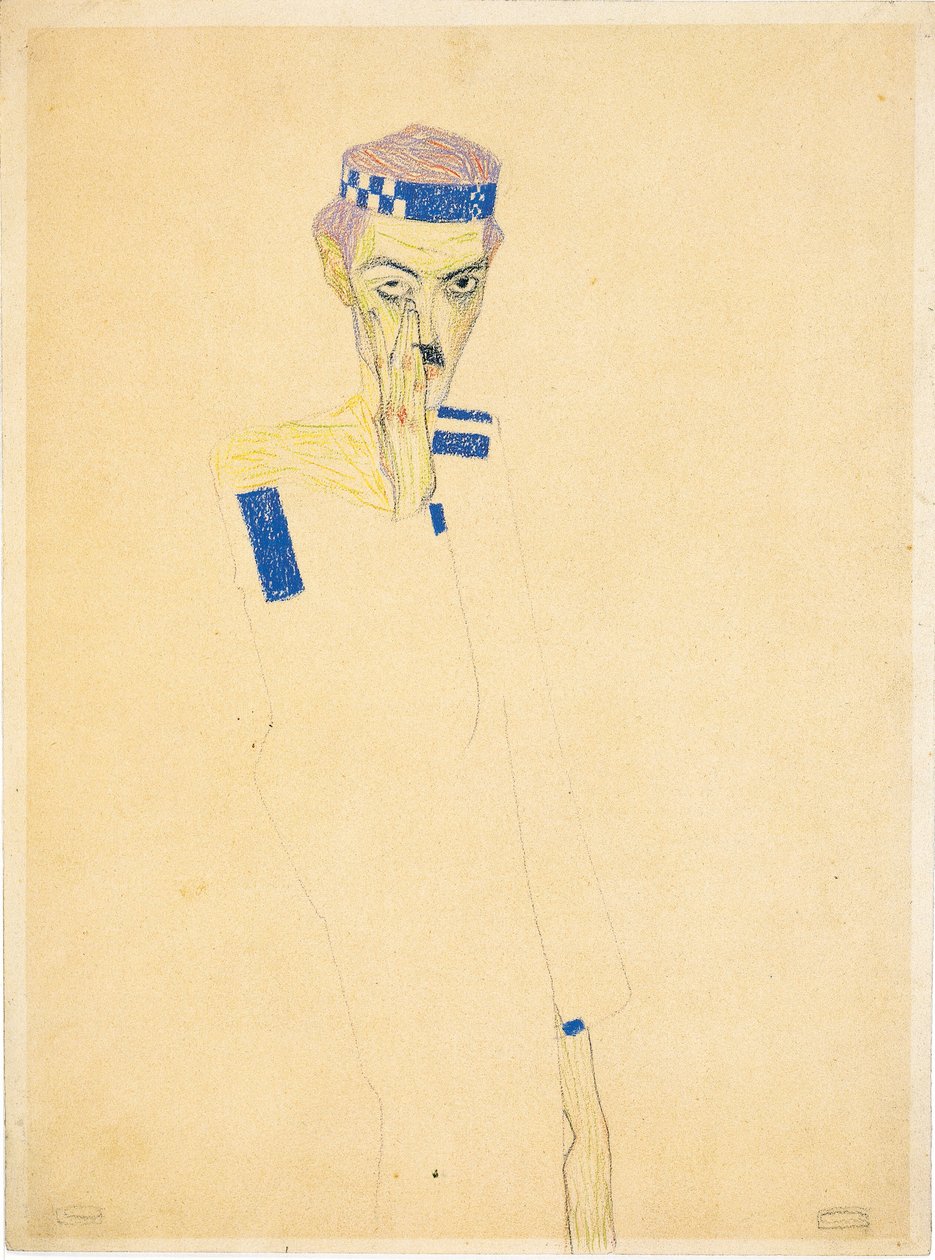 Autorretrato con cinta de cuadros azules de Egon Schiele