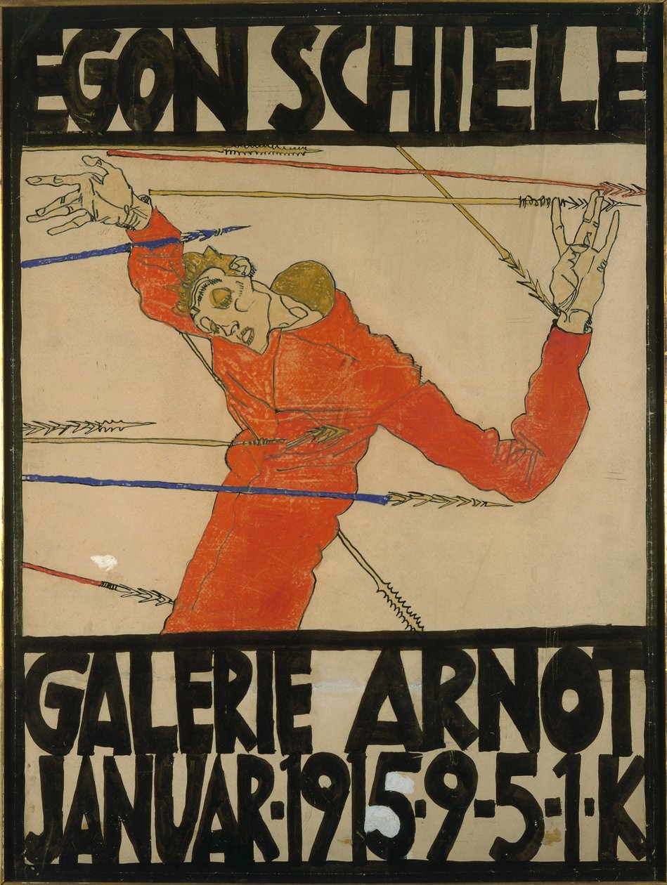 Autorretrato como San Sebastián, diseño de cartel para una exposición en la Galerie Arnot, 1914 de Egon Schiele