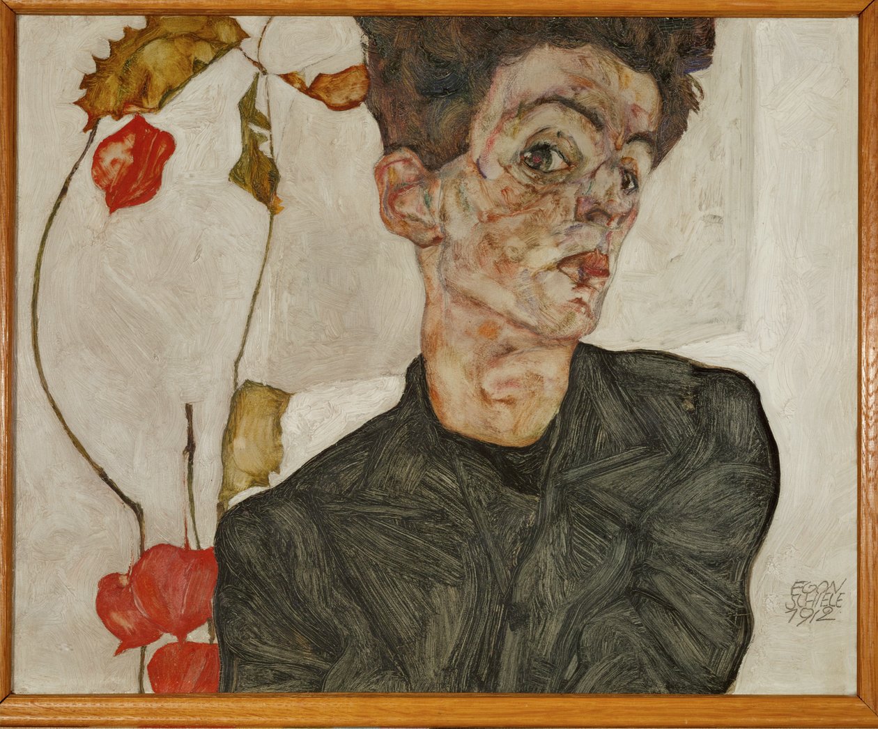 Autorretrato con linterna china y fruta (pintura sobre madera) de Egon Schiele