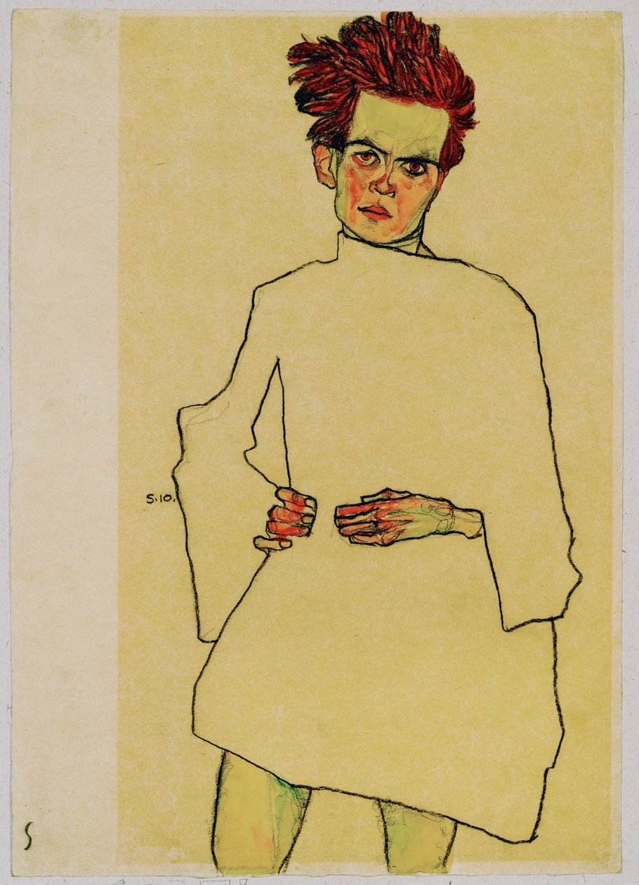 Autorretrato con camisa (gouache, acuarela y lápiz negro) de Egon Schiele