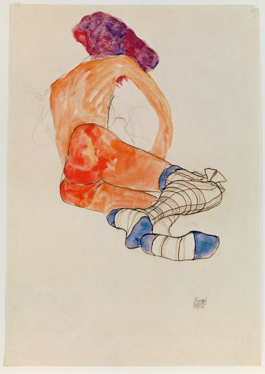 Desnudo femenino sentado con liga azul, de ... (gouache, acuarela y carboncillo) de Egon Schiele