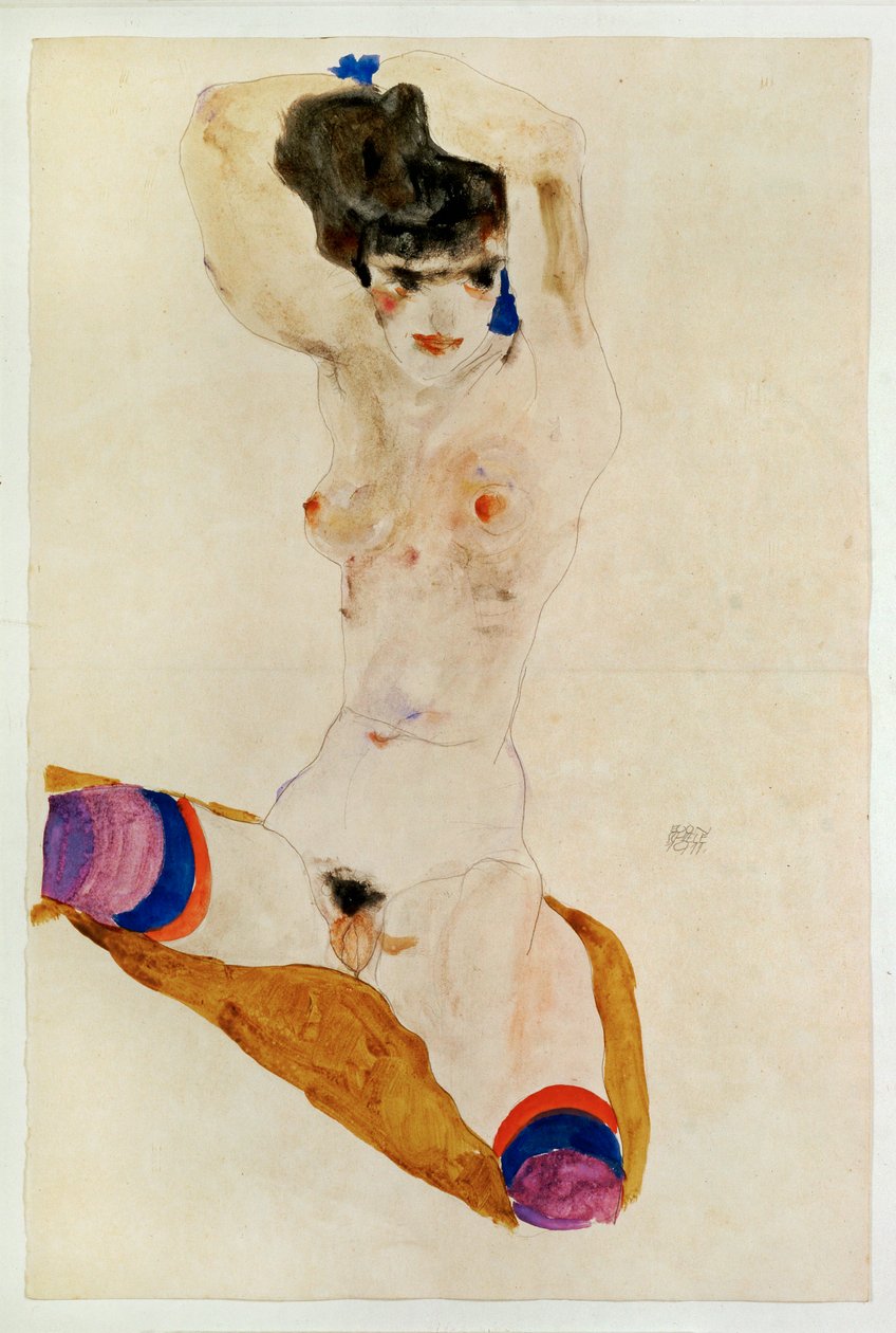 Muchacha desnuda sentada con sobre la cabeza ... (acuarela y lápiz) de Egon Schiele