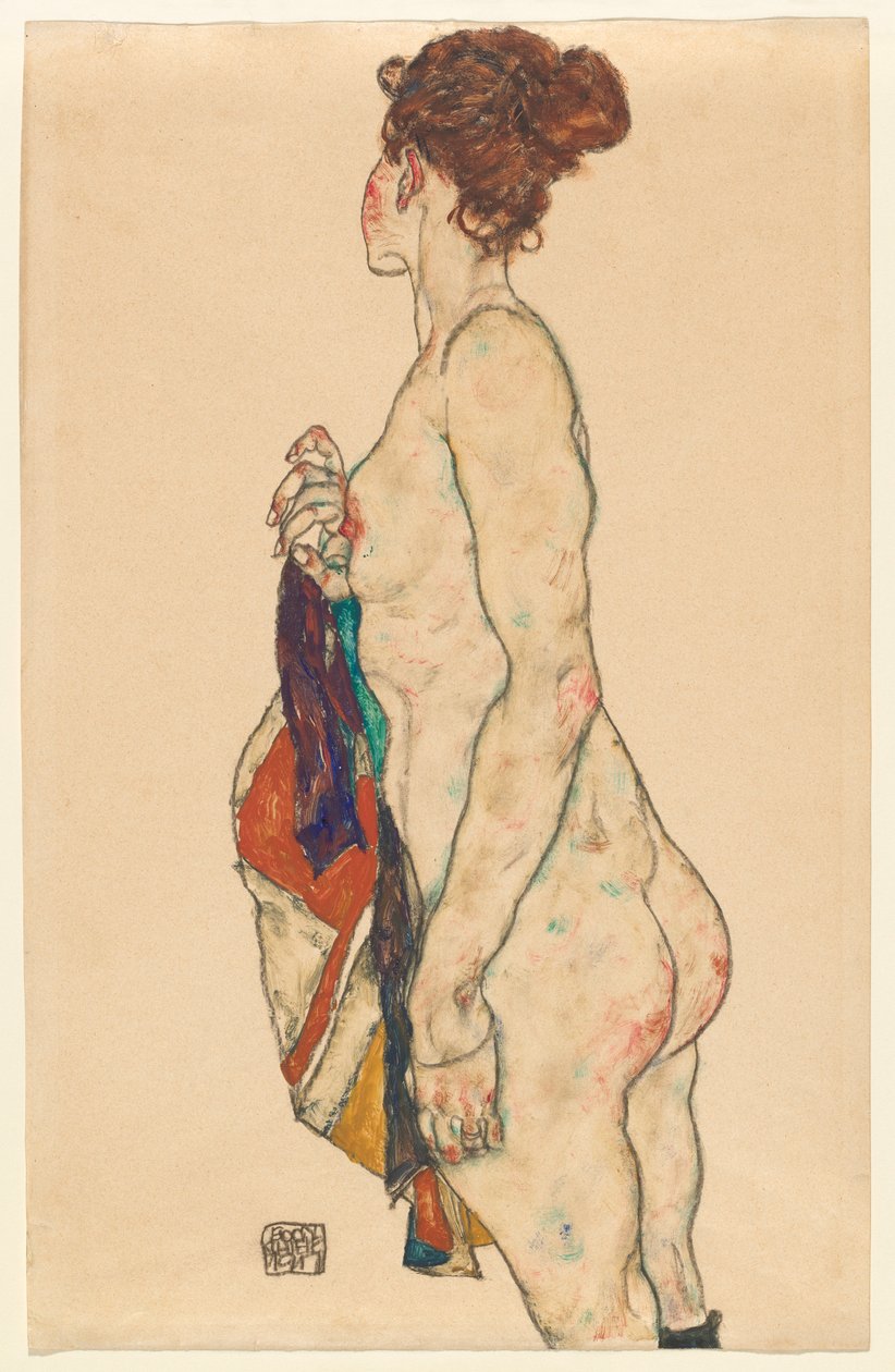 Desnudo de pie con una túnica estampada, 1917 de Egon Schiele