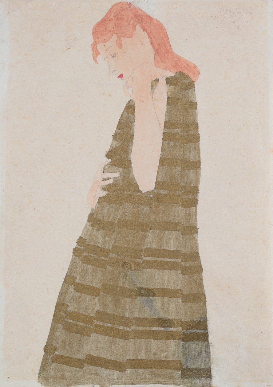 Mujer de pie con un vestido dorado de Egon Schiele