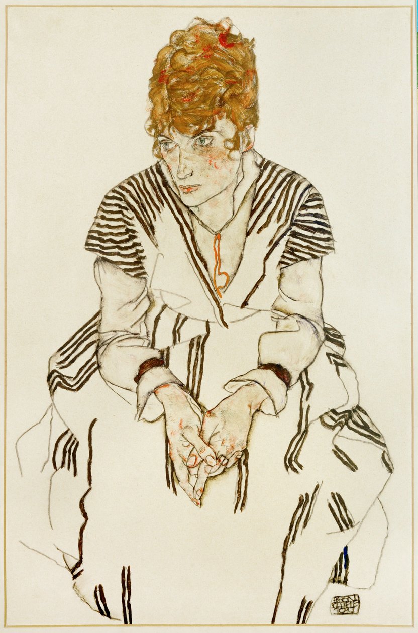 La cuñada del artista con vestido a rayas, sentada de Egon Schiele