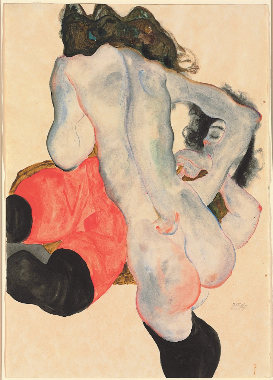 Mujer con pantalones rojos y desnudo femenino de pie, 1912 de Egon Schiele