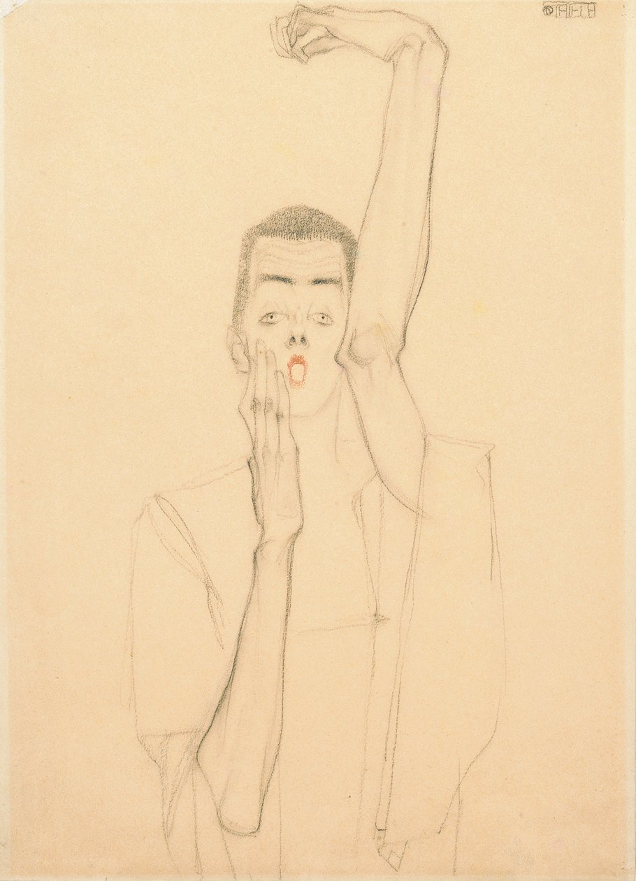 Joven con brazo levantado y boca roja, 1909 de Egon Schiele