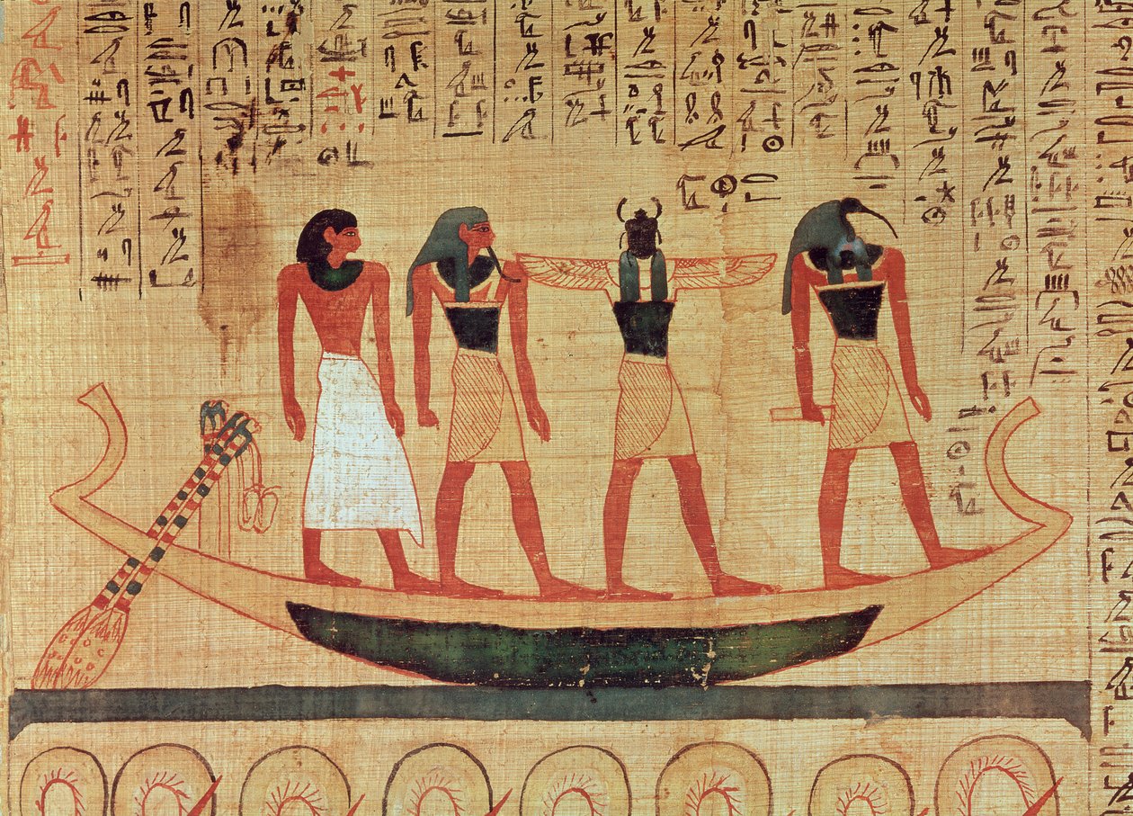Papiro que representa a un hombre siendo transportado en una barca al más allá por Thoth, Khepri y otro dios de Egyptian