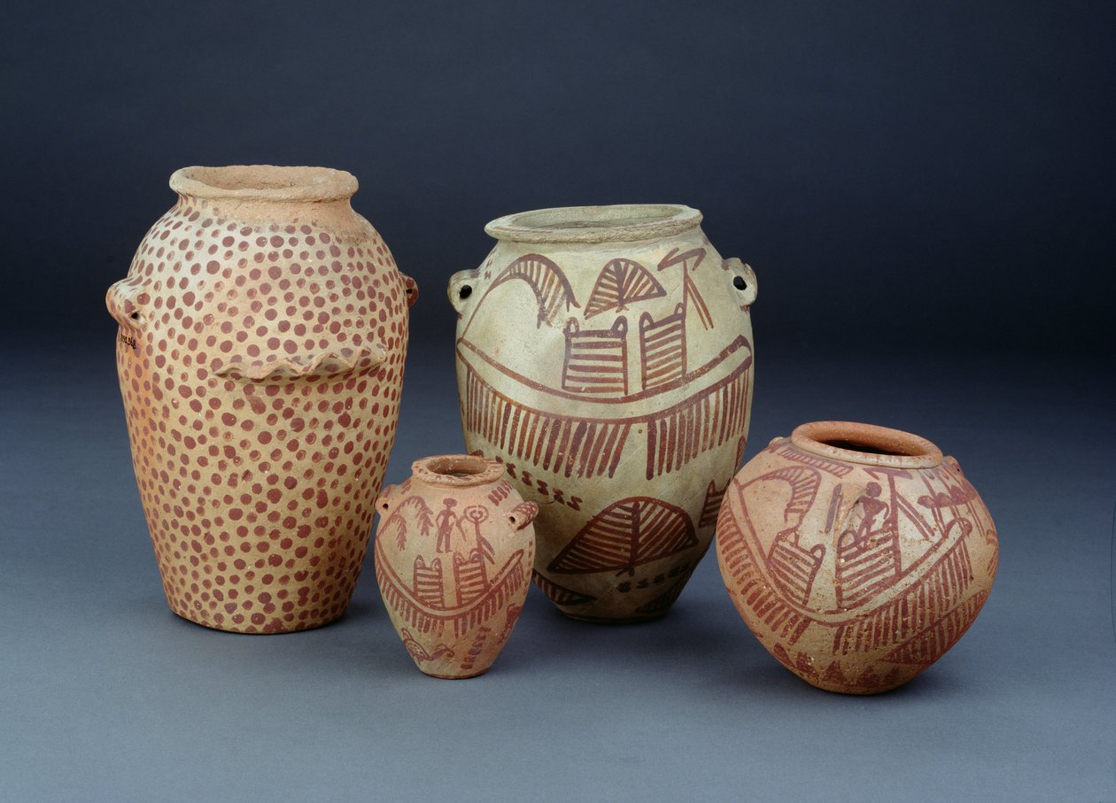 Vasijas con escenas del Nilo, Naqada y Abadaya, finales del Predinástico de Egyptian
