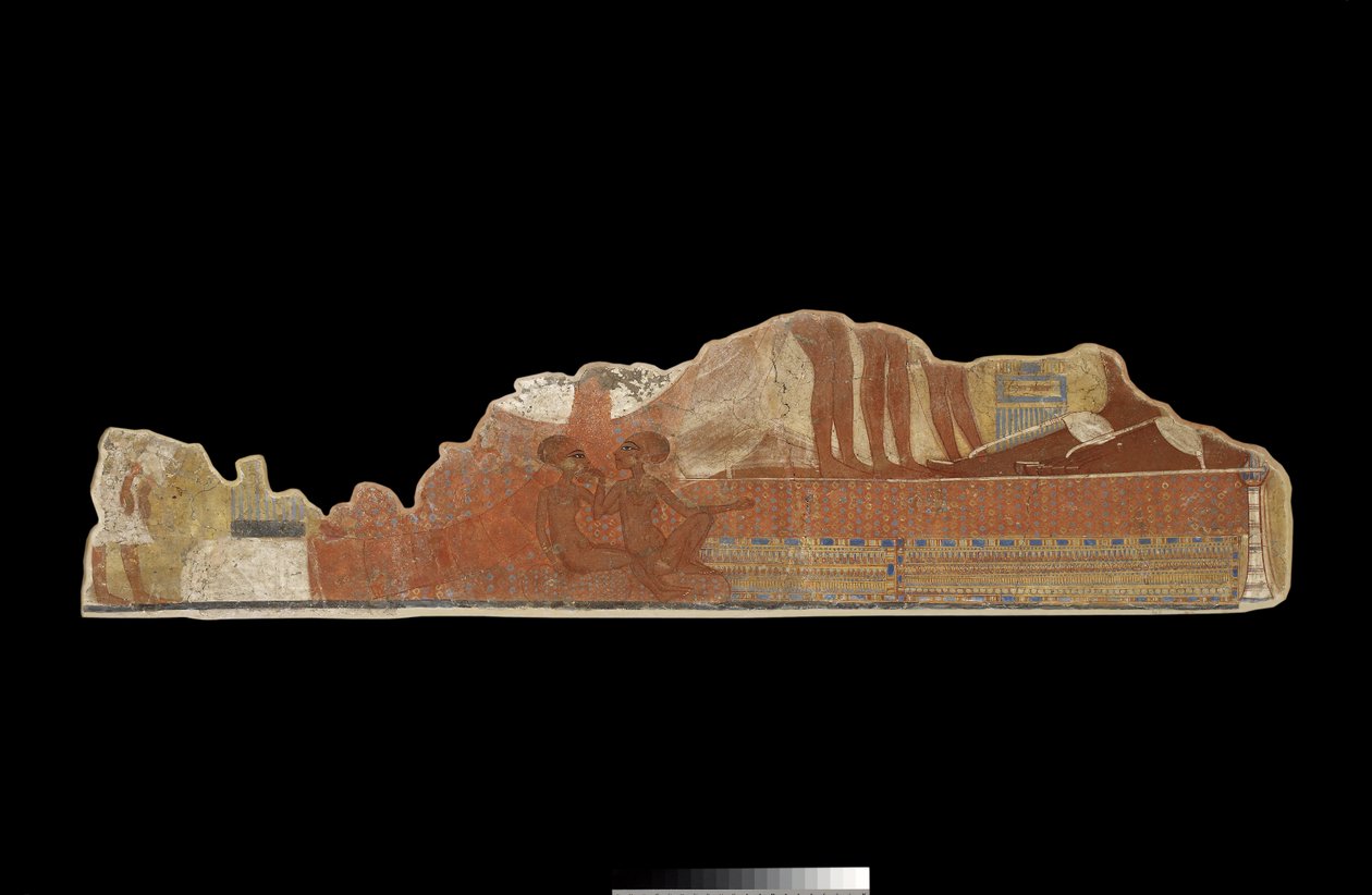 Fragmento de pintura mural de una casa privada que muestra a dos de las hijas menores del faraón Akhenatón y la reina Nefertiti sentadas a los pies de sus padres, encontrado en Tell el-Amarna, Nuevo Reino de Egyptian 18th Dynasty