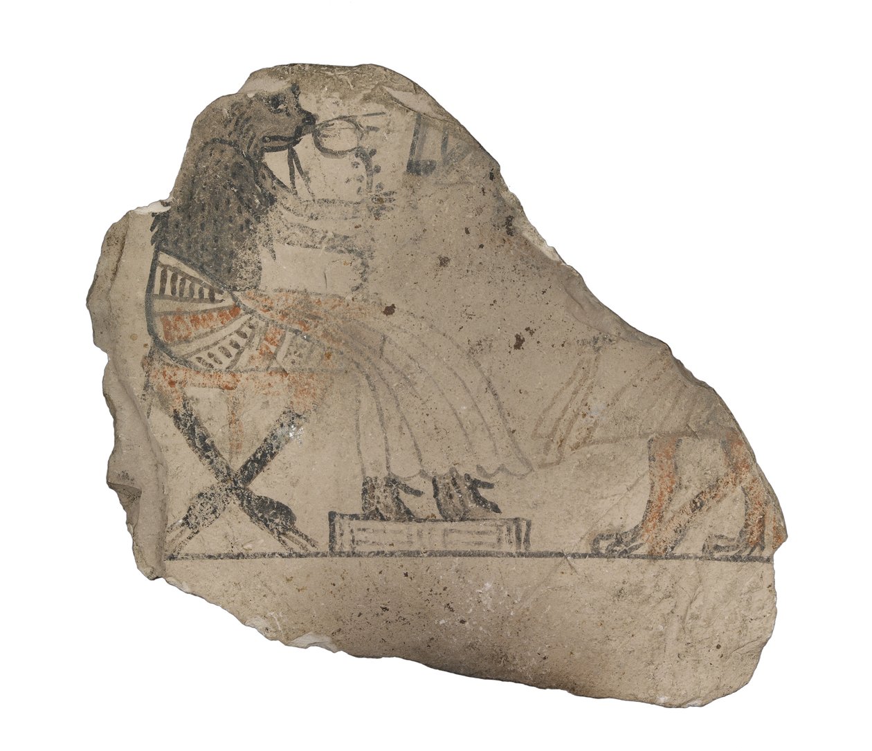 Ostracon de piedra caliza con bocetos humorísticos en tinta roja y negra de Egyptian 19th Dynasty
