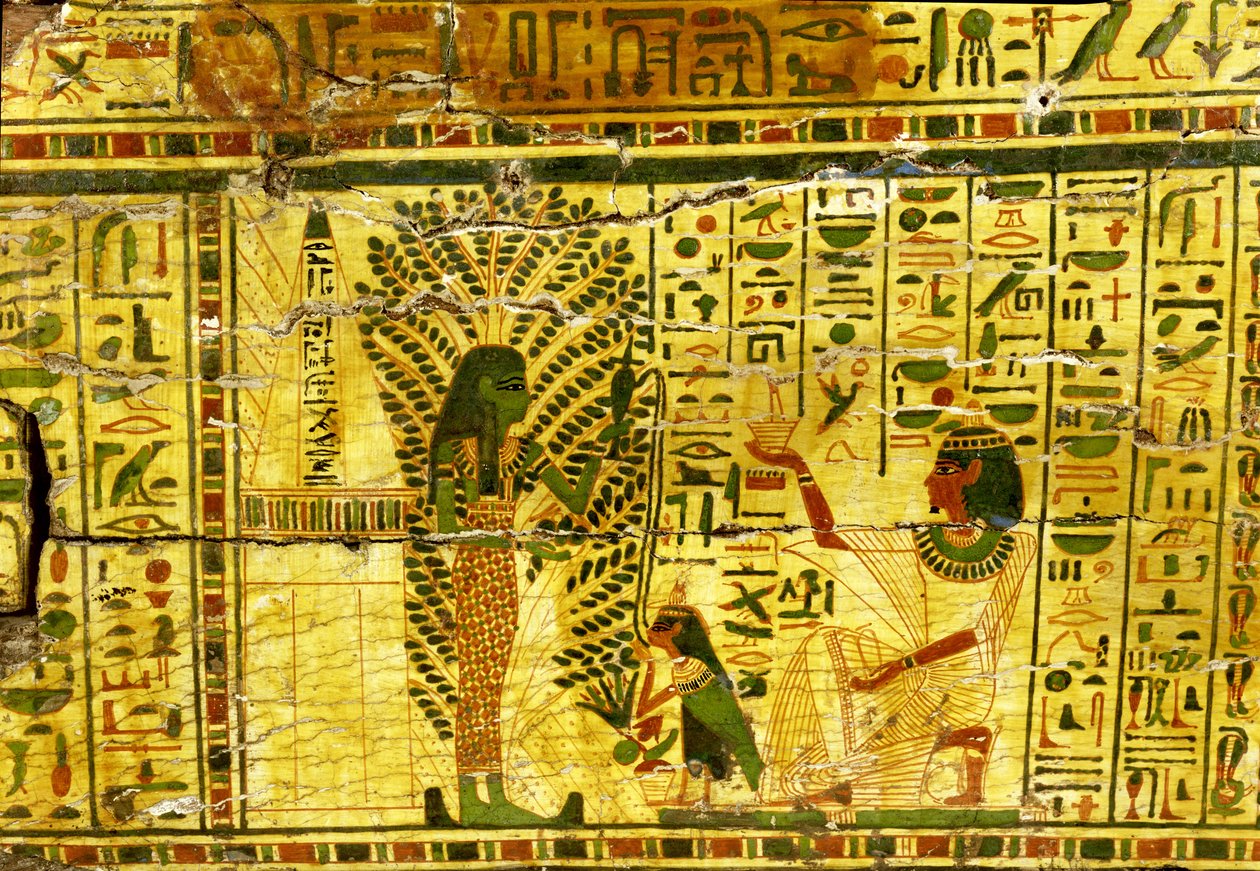 La diosa sicómoro Nut vertiendo un líquido bebido por el alma en forma de pájaro de Nespawershefyt, Tercer Periodo Intermedio, 990-969 a.C. de Egyptian 21st Dynasty