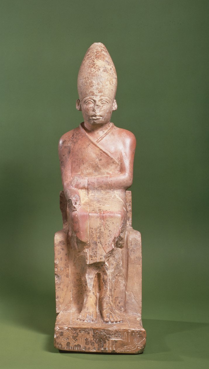 Estatua sentada del faraón Khasekhem con enemigos conquistados incisos alrededor de la base, encontrada en Hieracómpolis, c.2700 a.C. de Egyptian 2nd Dynasty