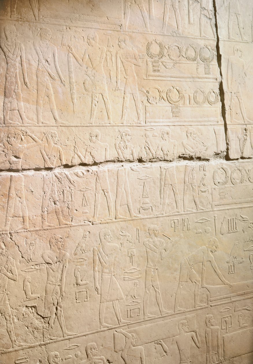 Relieve de la mastaba de Akhethotep que representa el reemplazo de los collares, de Saqqara, Reino Antiguo de Egyptian 5th Dynasty