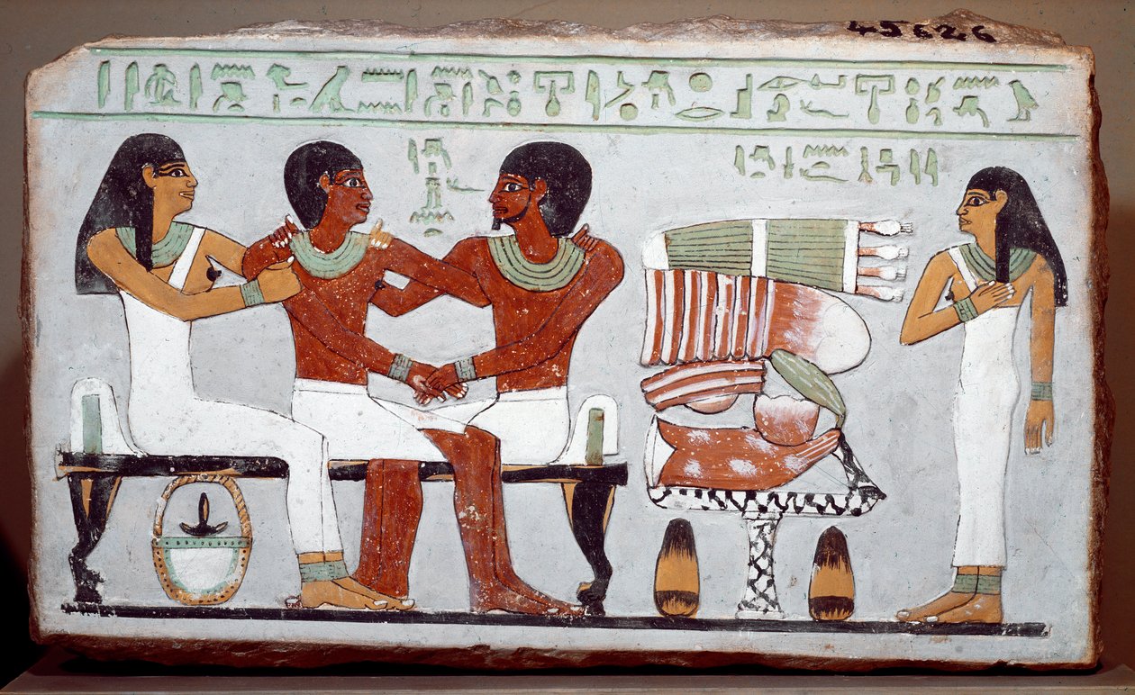 Antigüedad egipcia: estela funeraria de piedra caliza pintada que representa a la familia de Amenemhet (Amenemhat) de Egyptian 11th Dynasty