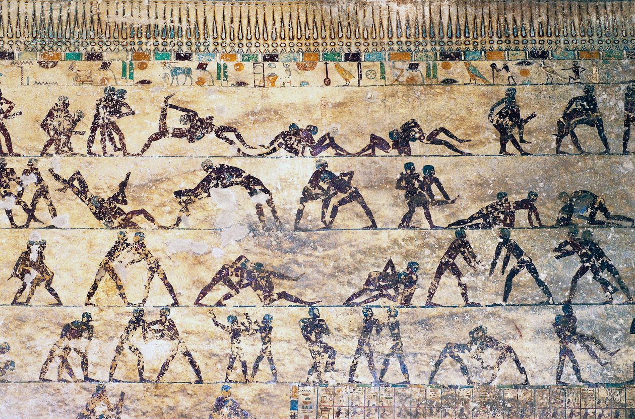 Escenas de lucha, pintura mural, tumba de Kethi, necrópolis de Beni Hasan, Egipto, civilización egipcia, Reino Medio, dinastía XII de Egyptian 12th Dynasty
