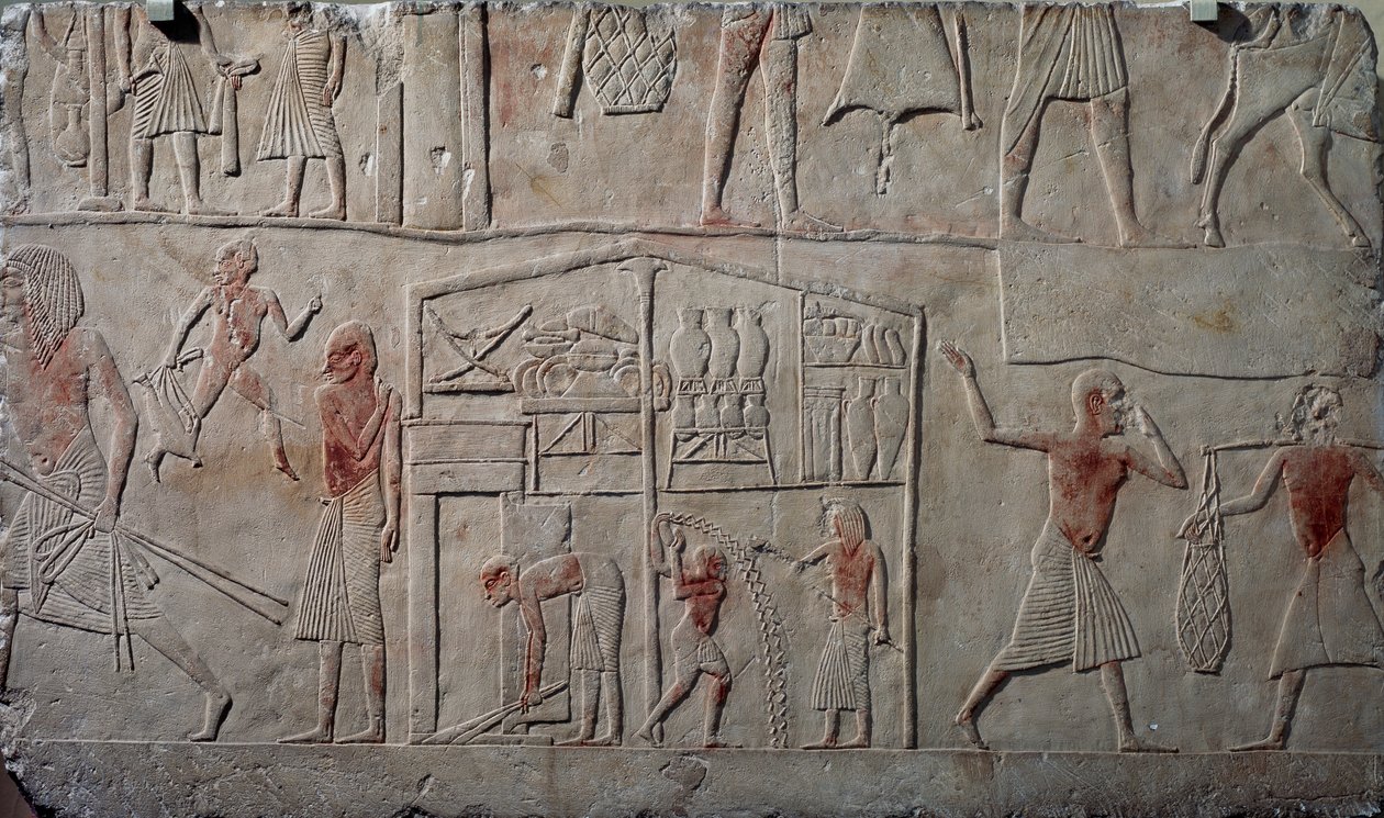 Disposición de alimentos en almacenes, relieve mural en piedra caliza, de la tumba menfita de Horemheb en Saqqara, Civilización egipcia, Reino Nuevo, Dinastía XVIII de Egyptian 18th Dynasty