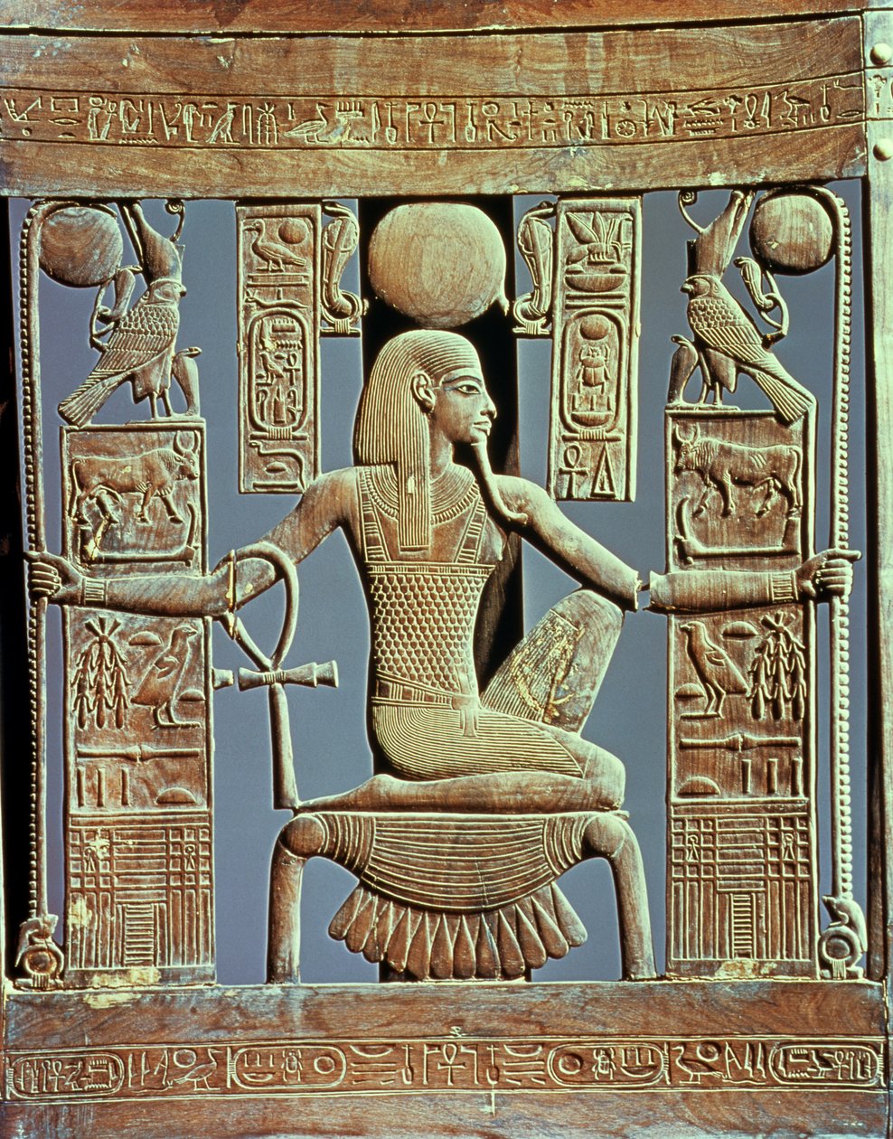 Respaldo de una silla de la tumba de Tutankamón que representa el espíritu de millones de años, Nuevo Reino de Egyptian 18th Dynasty