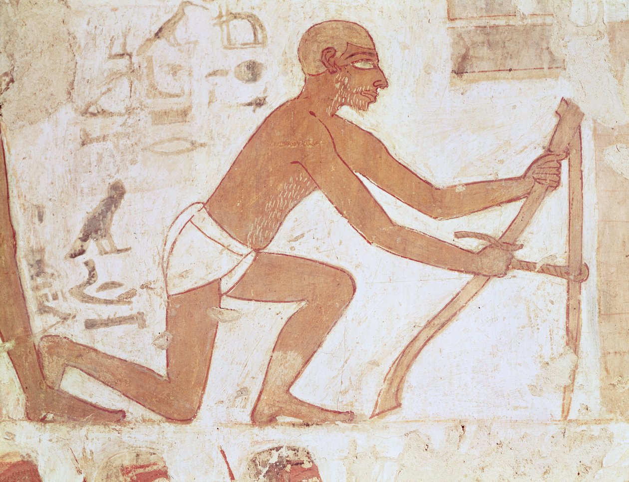 Construcción de un muro, detalle de un hombre con una azada, de la tumba de Rekhmire, visir de Tutmosis III y Amenhotep II, Reino Nuevo (pintura mural) (detalle de 157750) de Egyptian 18th Dynasty