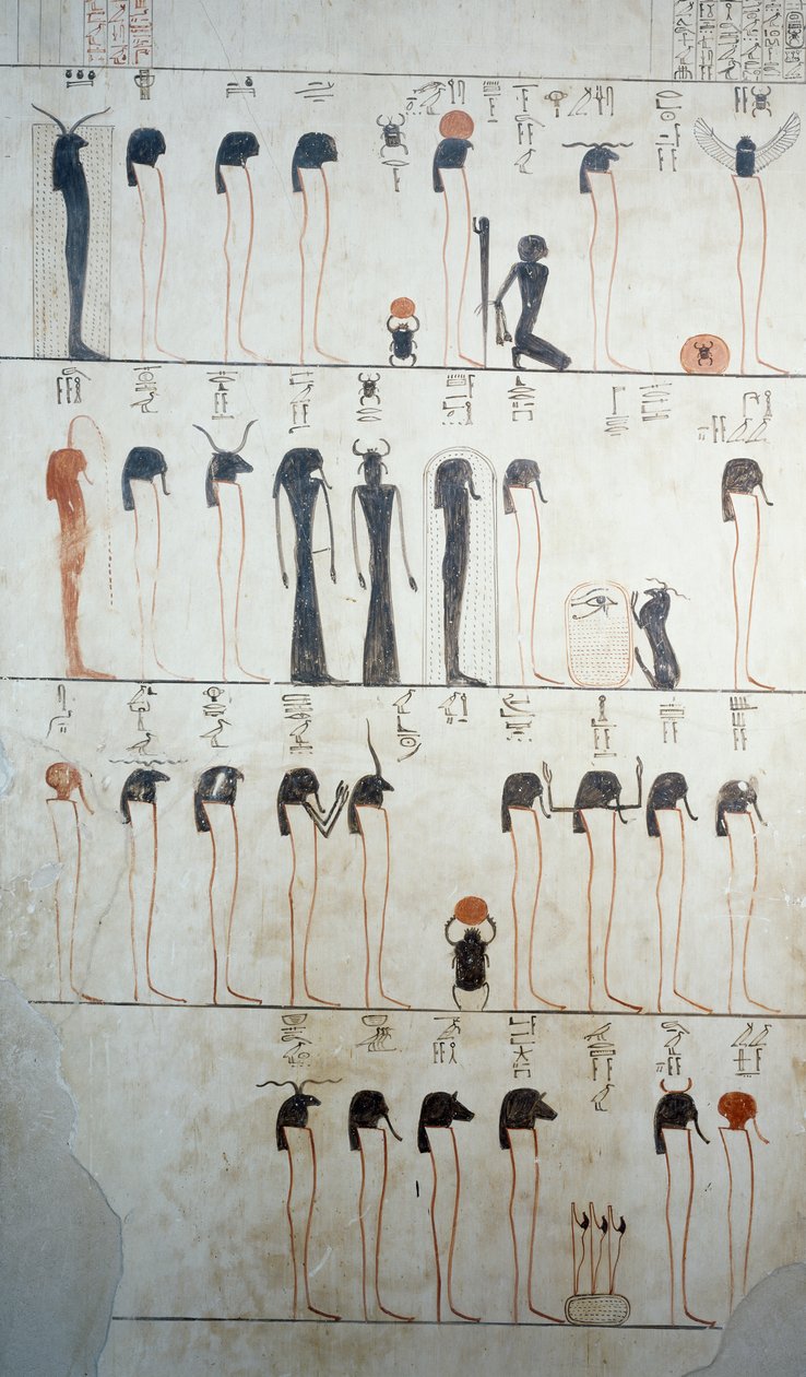 Representación de la Letanía de Ra, detalle de los frescos en la cámara funeraria de la Tumba de Tutmosis III, Valle de los Reyes, Luxor, Tebas (Lista del Patrimonio Mundial de la Unesco) de Egyptian 18th Dynasty