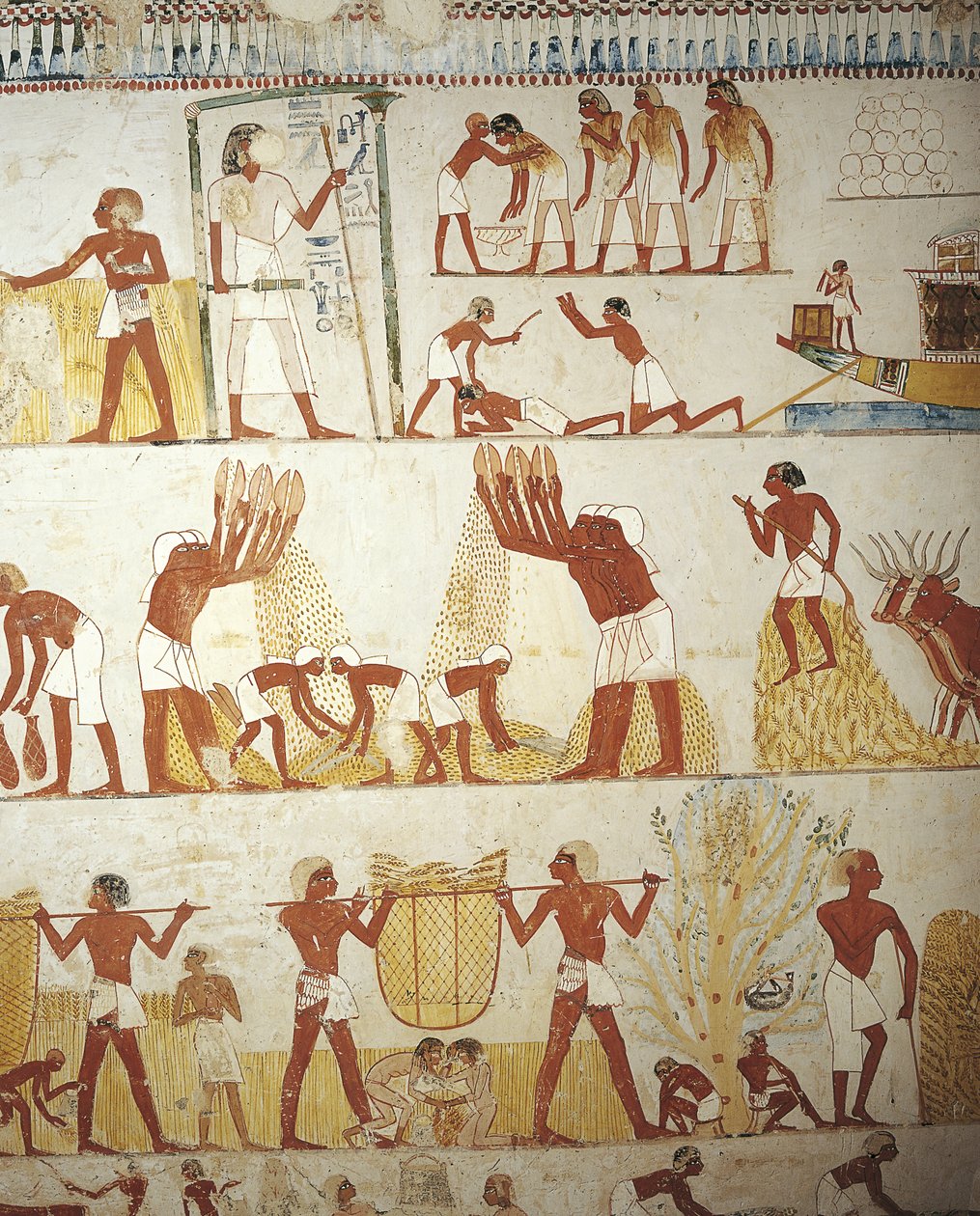 Tumba del supervisor de la finca real Menna, pinturas murales en el vestíbulo, trabajando en los campos de Egyptian 18th Dynasty